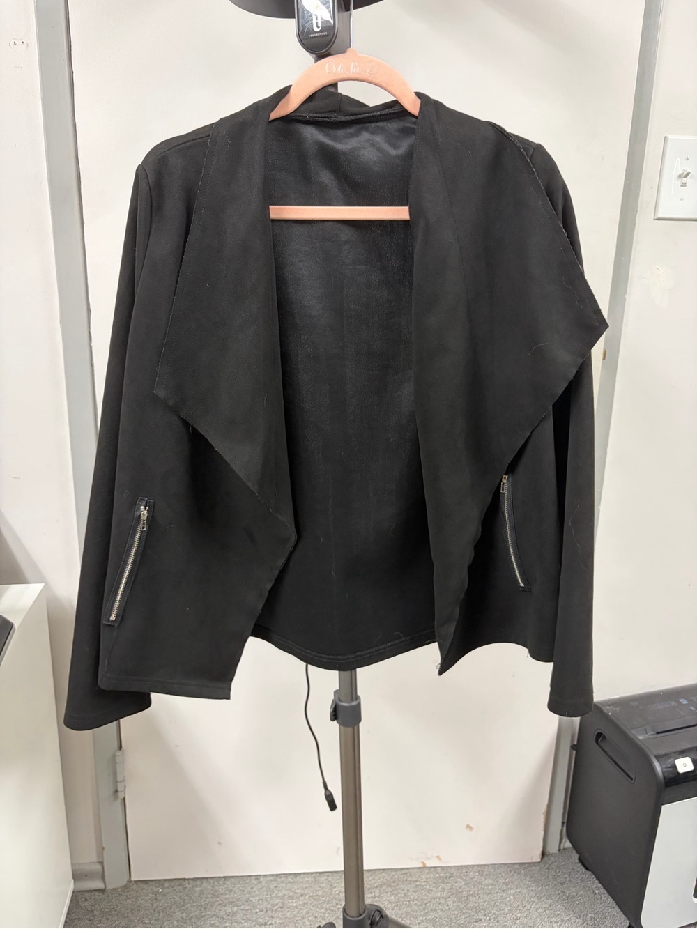 Draped Black Open-Front Blazer Jacket with Zippers